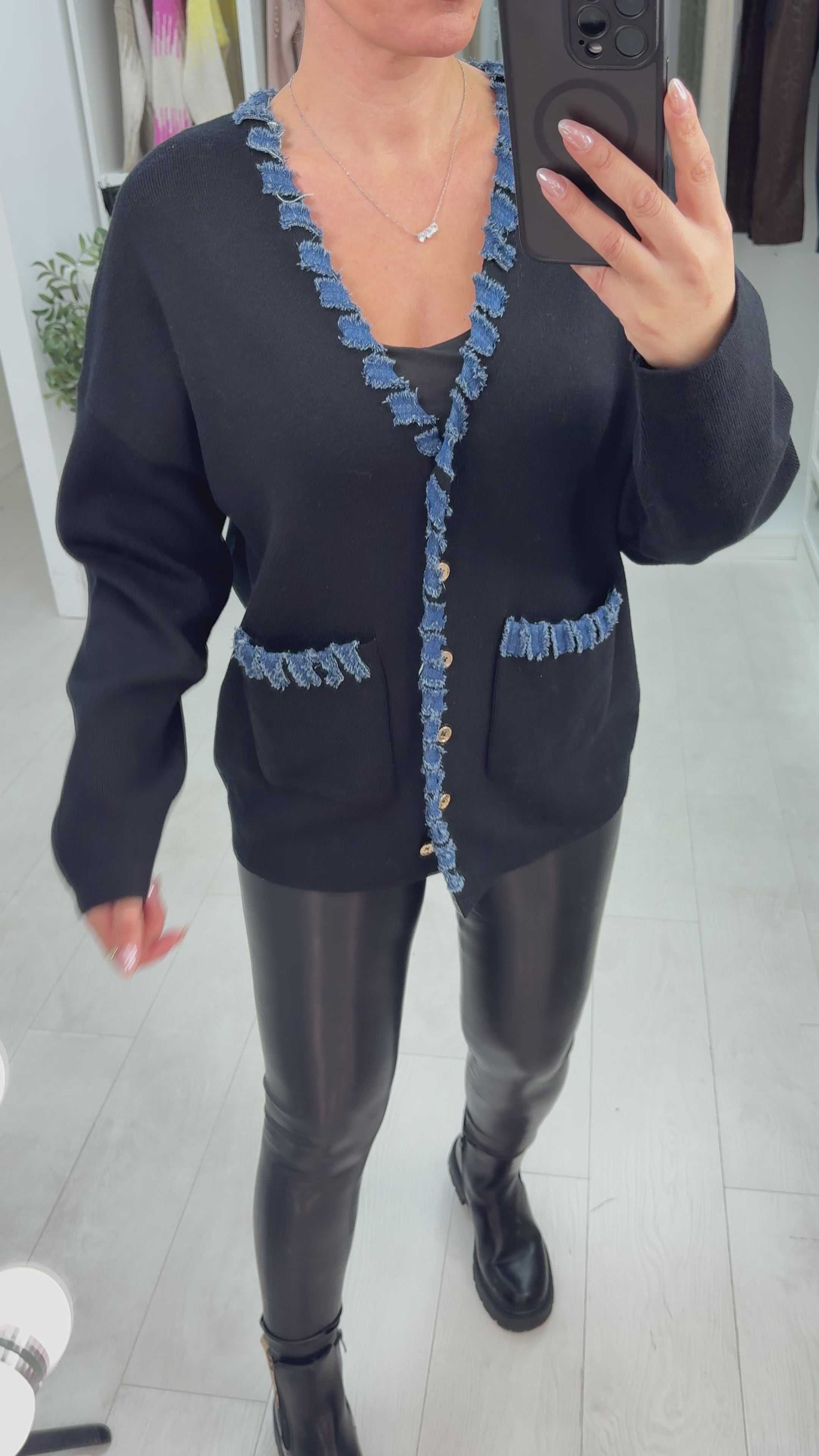 Load video: Shellie Denim Trim Detailed Cardigan