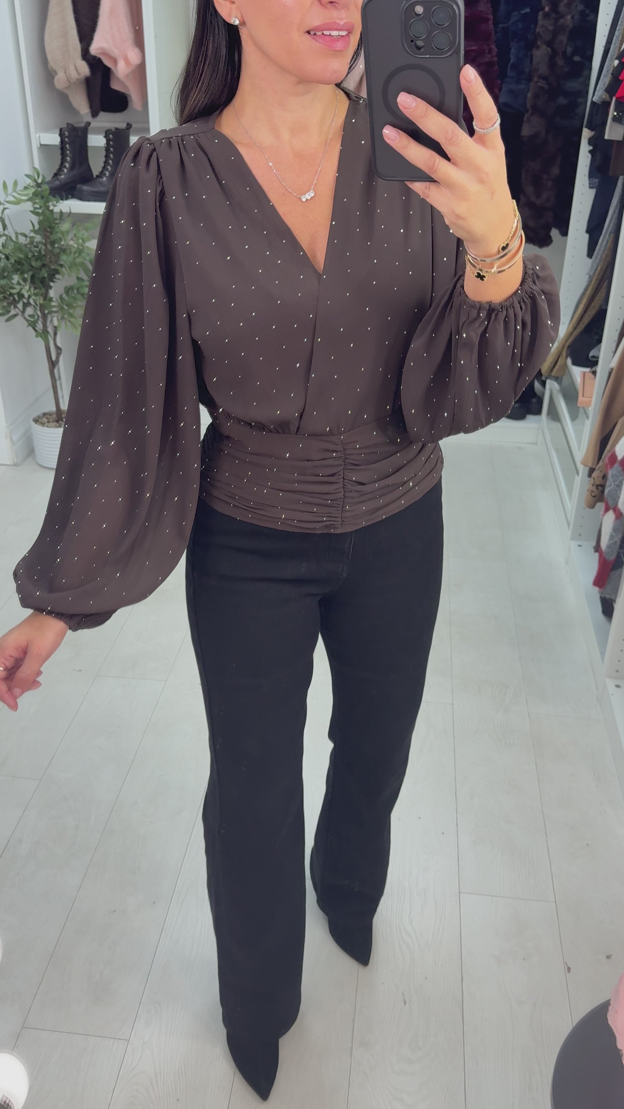 Load video: Preenie Embellished V Neck Long Sleeve Top