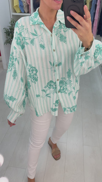 Kimber Floral Pattern Stripe Cheesecloth Shirt