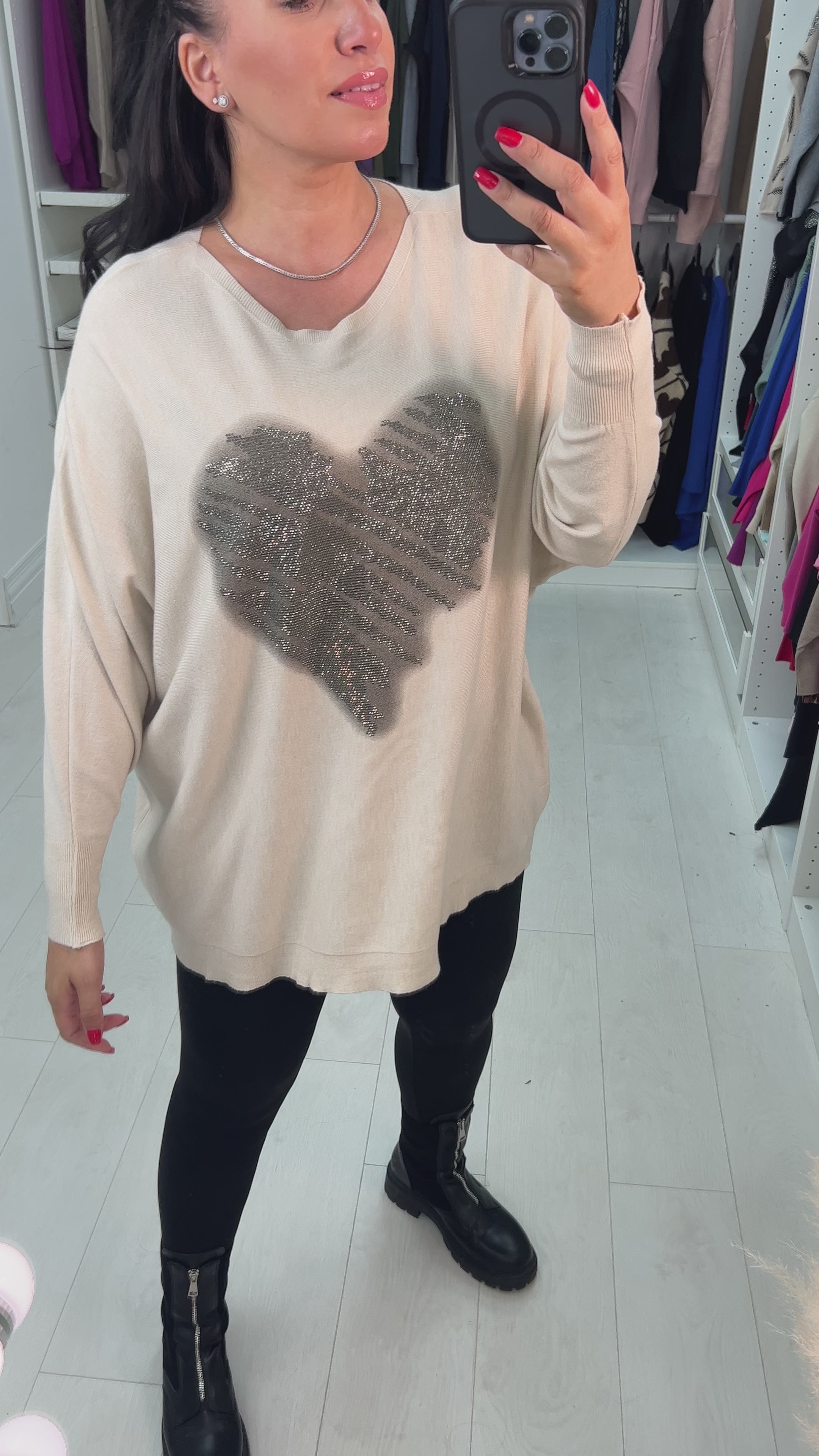 Almeolitta Diamante Studded Heart Drop Sleeve Knit Top