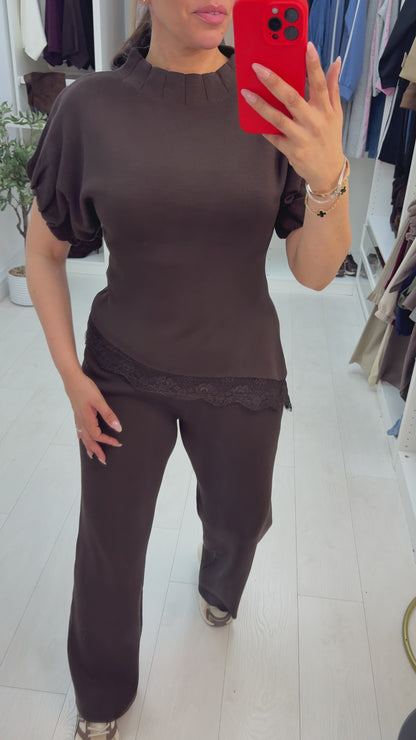 Oriella Plain Lace Trim Asymmetric Co-Ord Set