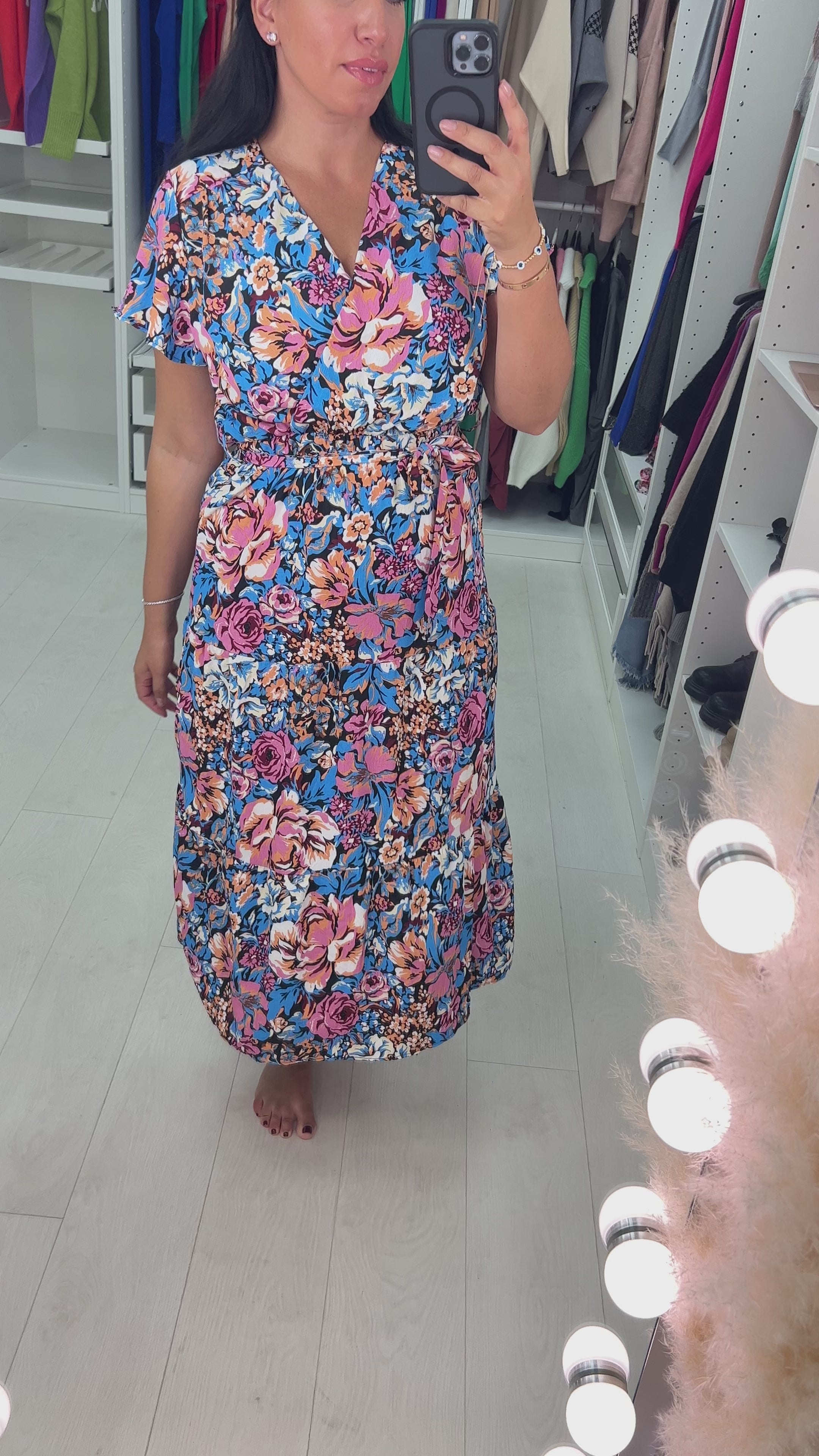 Load video: Bellissi Blue Wrap Effect Bold Floral Dress