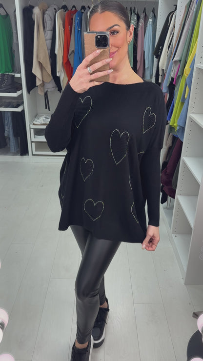 Lilley Embellished Ribbed Heart Detail Loose Fit Jumper