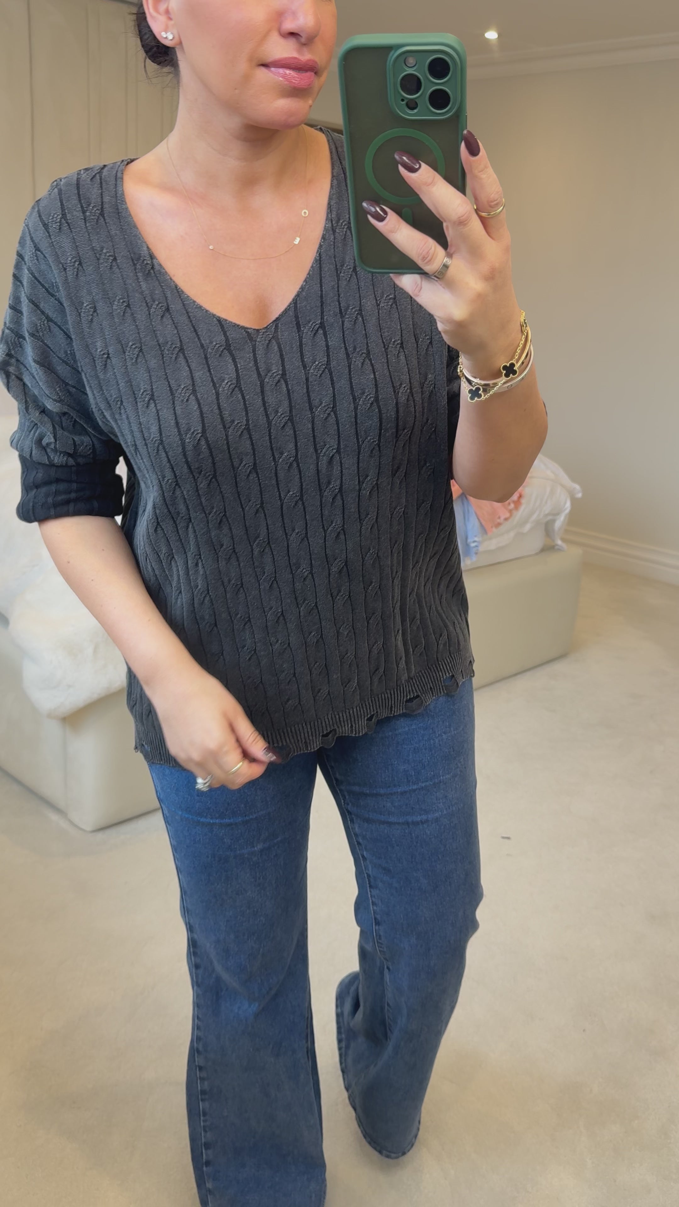 Load video: Alice Plain V Neck Cable Knit Jumper