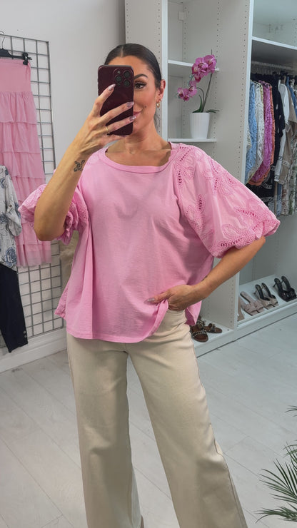 Meleta Plain Embroidered Ballon Sleeve Top