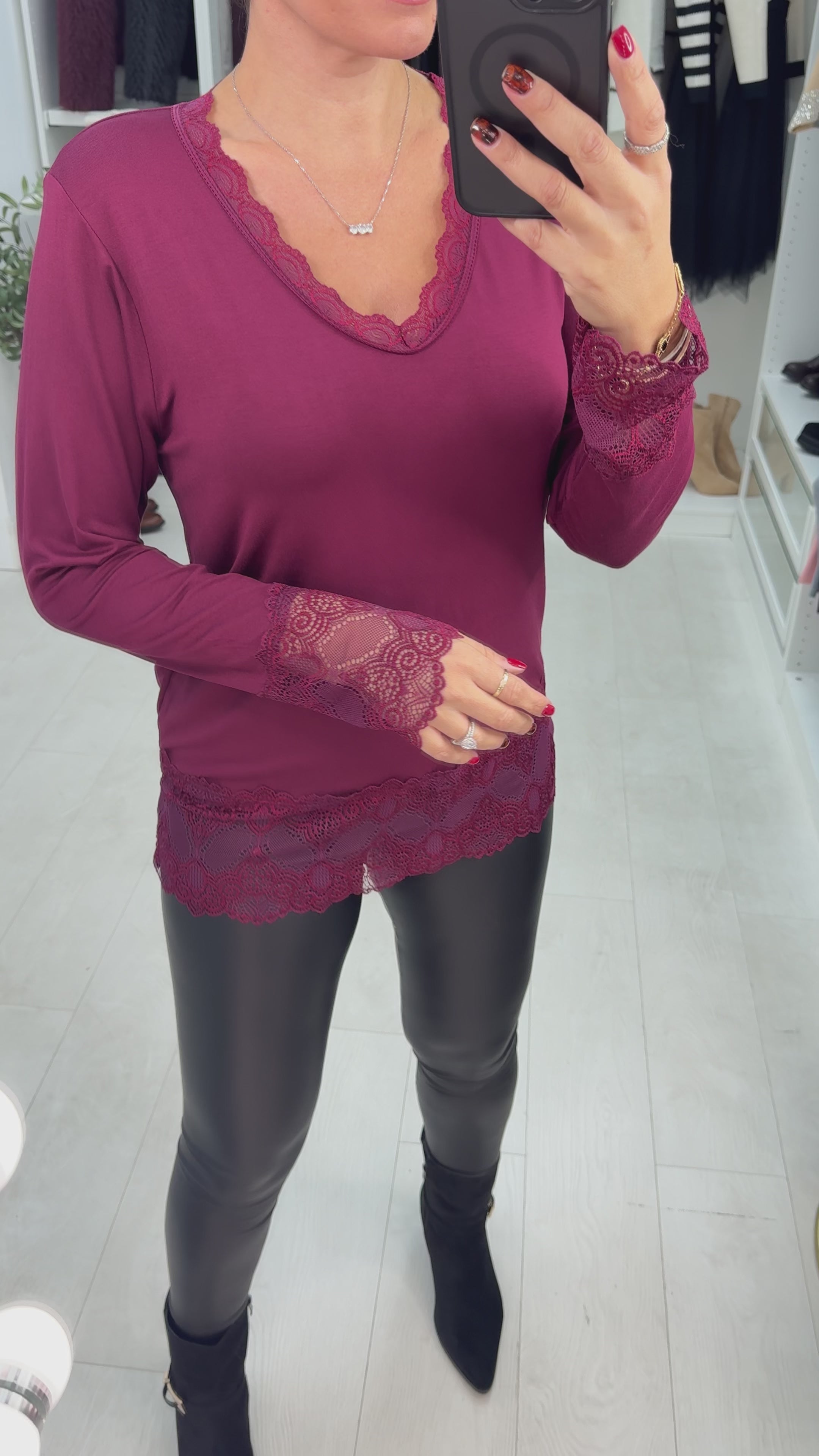 Load video: Hadleigh Long Sleeve Lace Trim V Neck Top