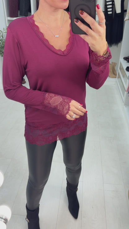 Hadleigh Long Sleeve Lace Trim V Neck Top