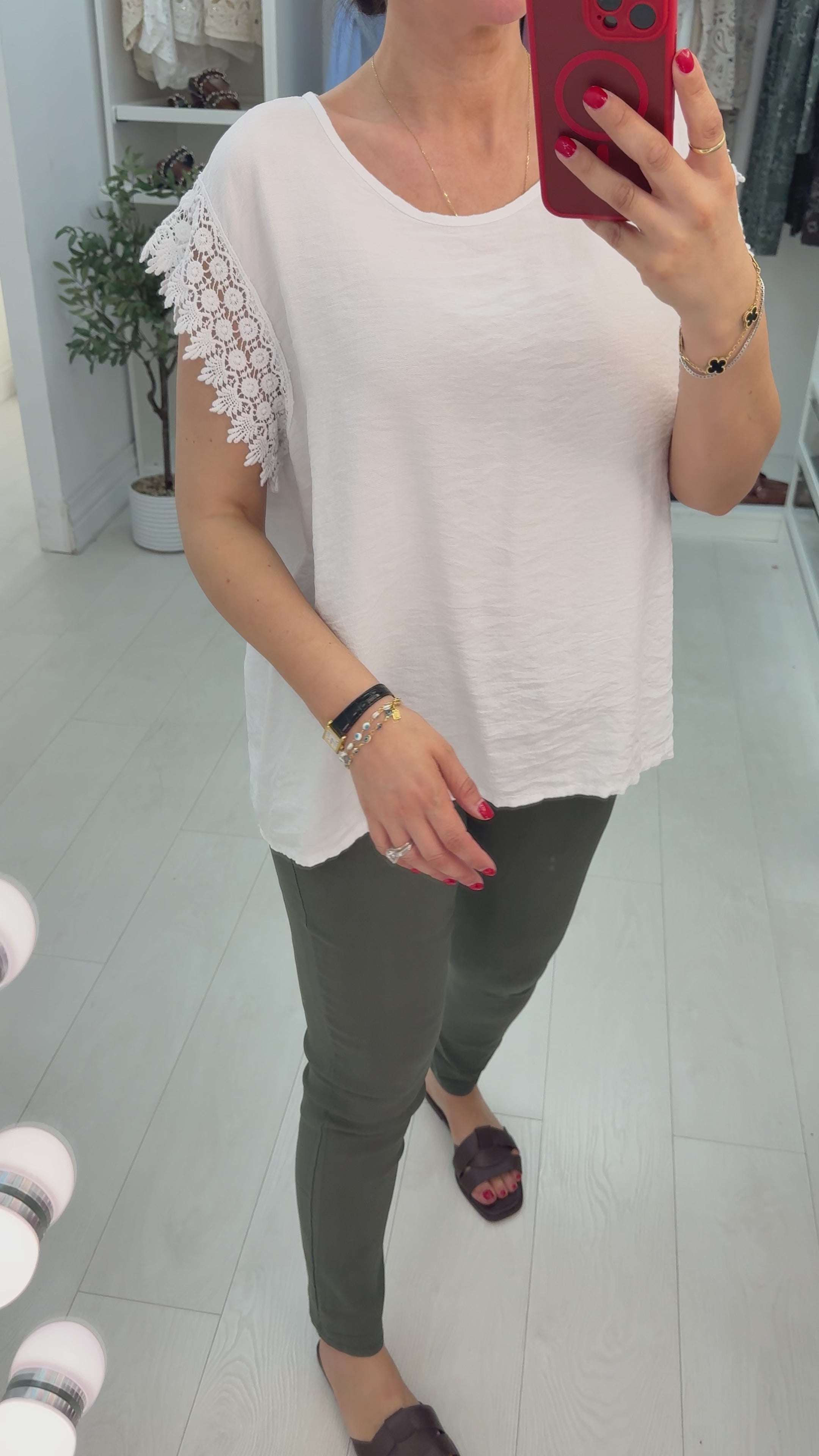 Isabela Plain Crochet Sleeve Detailed T-Shirt
