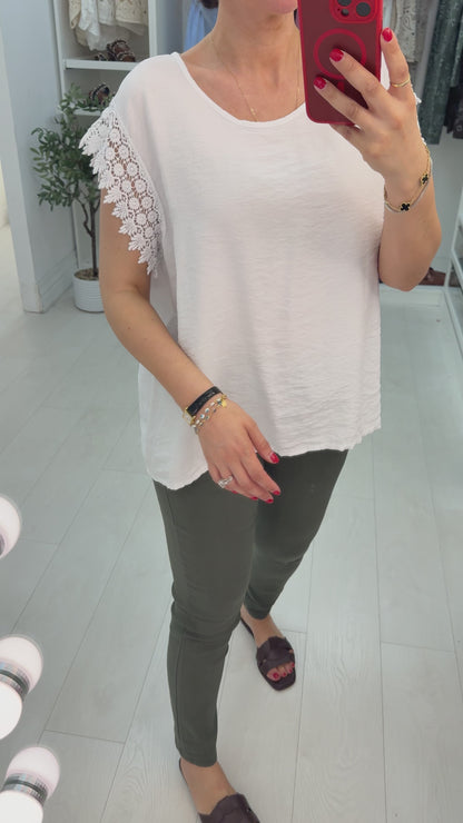 Isabela Plain Crochet Sleeve Detailed T-Shirt