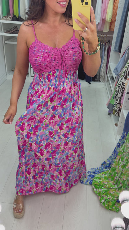 Falisha Watercolour Print Crochet Bust Maxi Dress