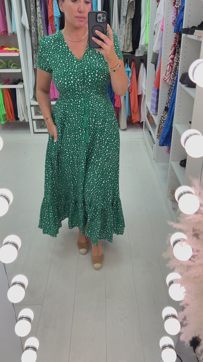 Ajda Emerald Polka Print Frill Hem Maxi Dress