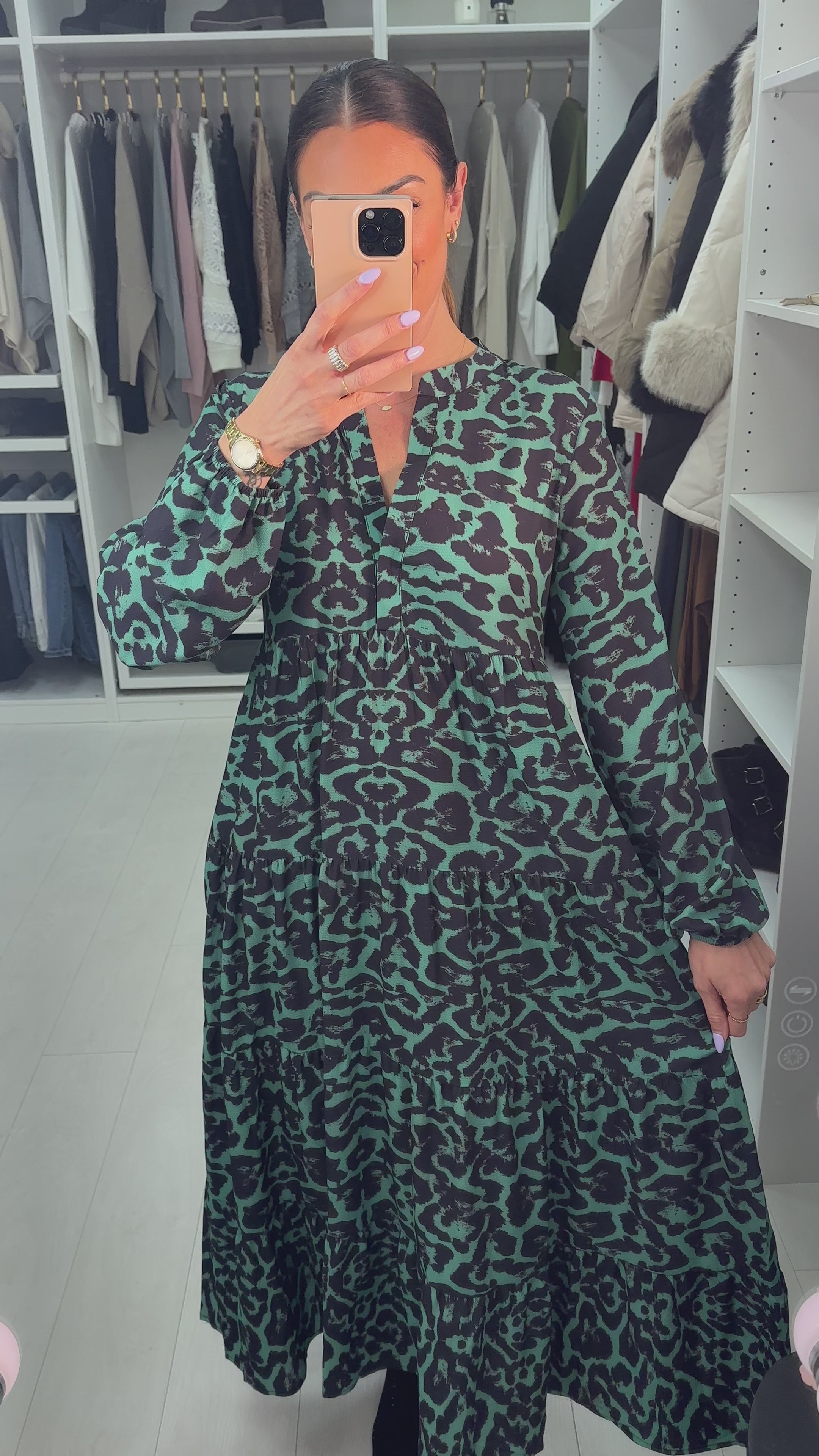 Load video: Jude Leopard Print Green And Navy Tiered Maxi Smock Dress