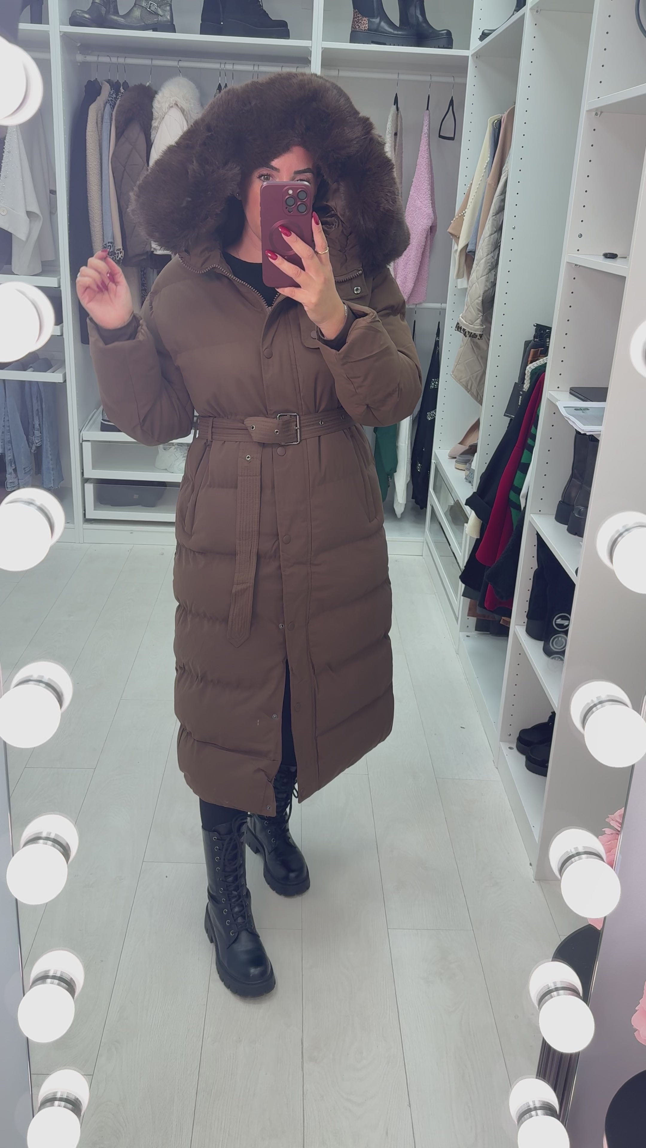 Load video: Maddox Chocolate Padded Faux Fur Hooded Coat