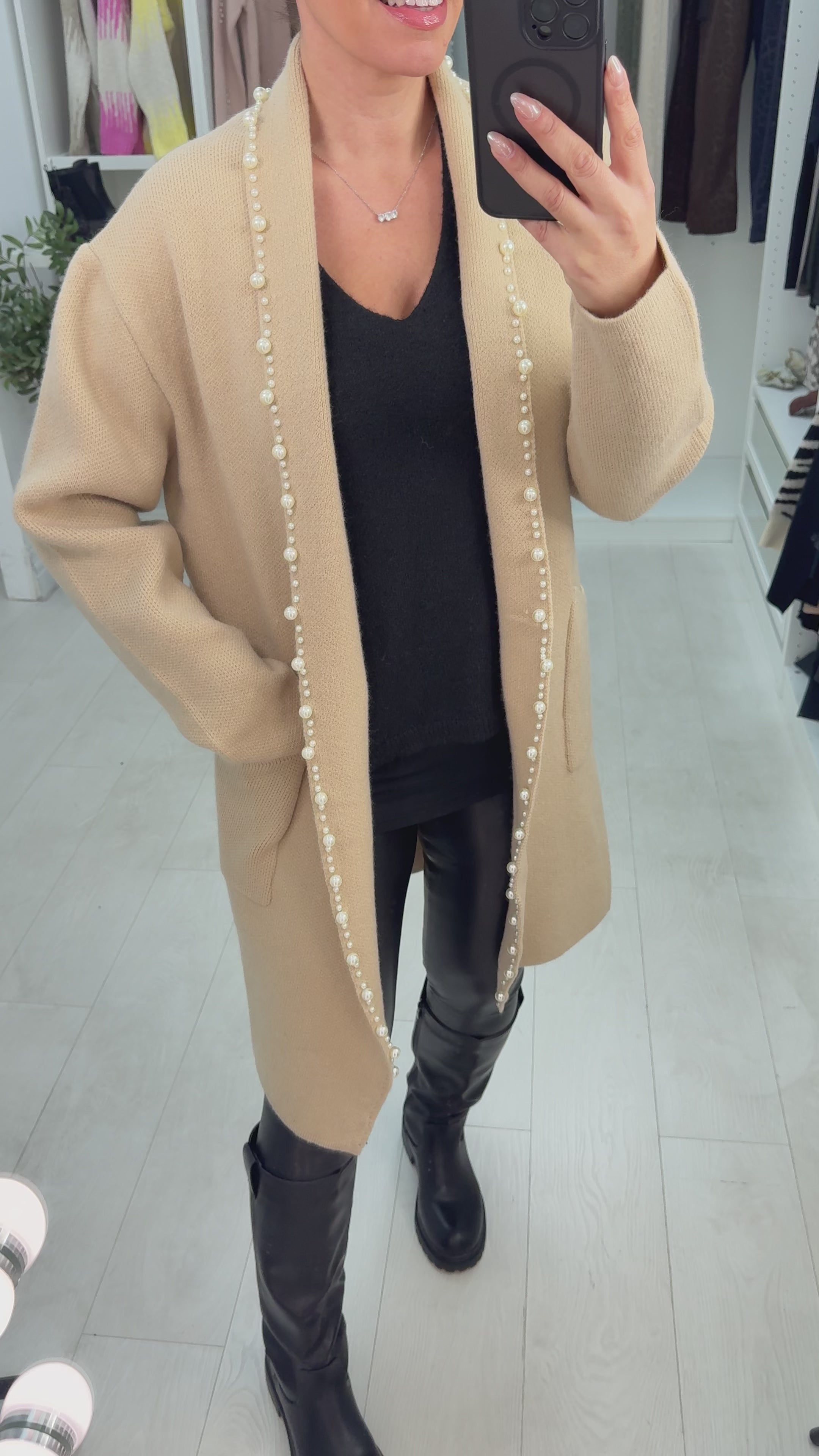 Load video: Ebbie Plain Pearl Trim Longline Cardigan