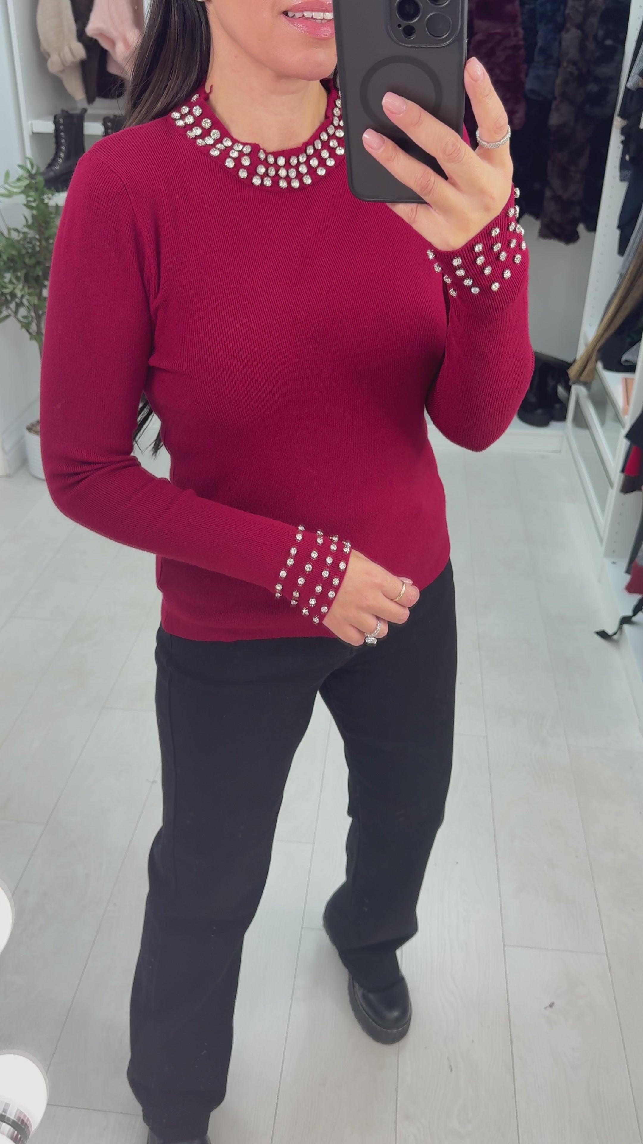 Load video: Patrese Diamante Detail Round Neck Ribbed Jumper