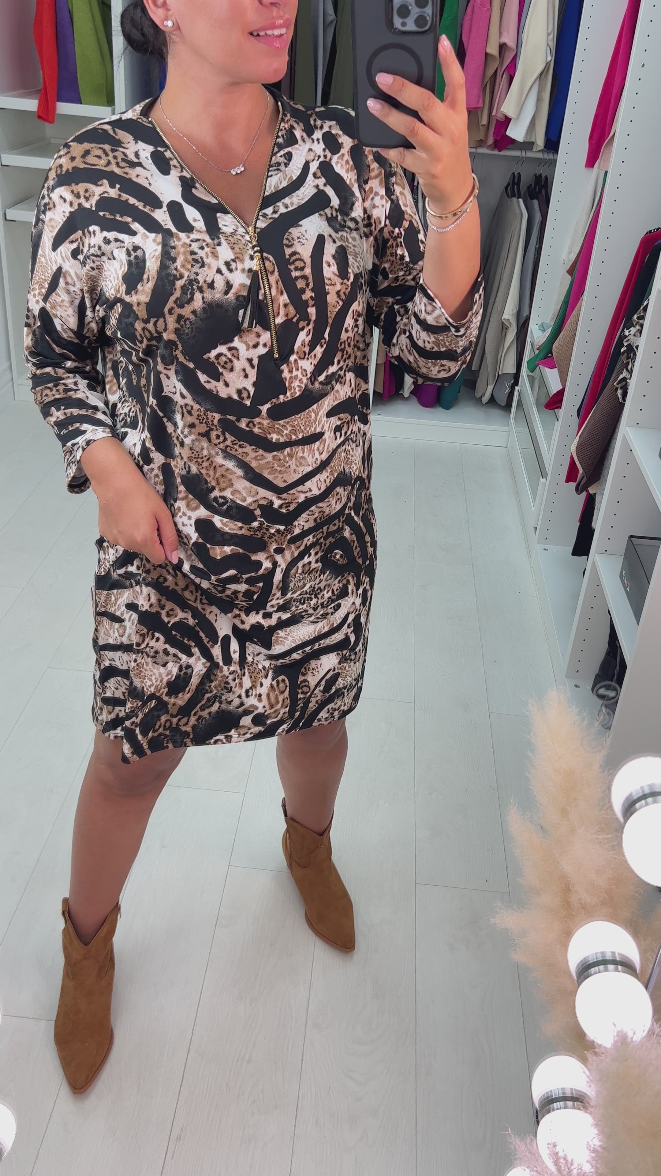 Load video: Barry Animal Print Zip Detail Smock Dress