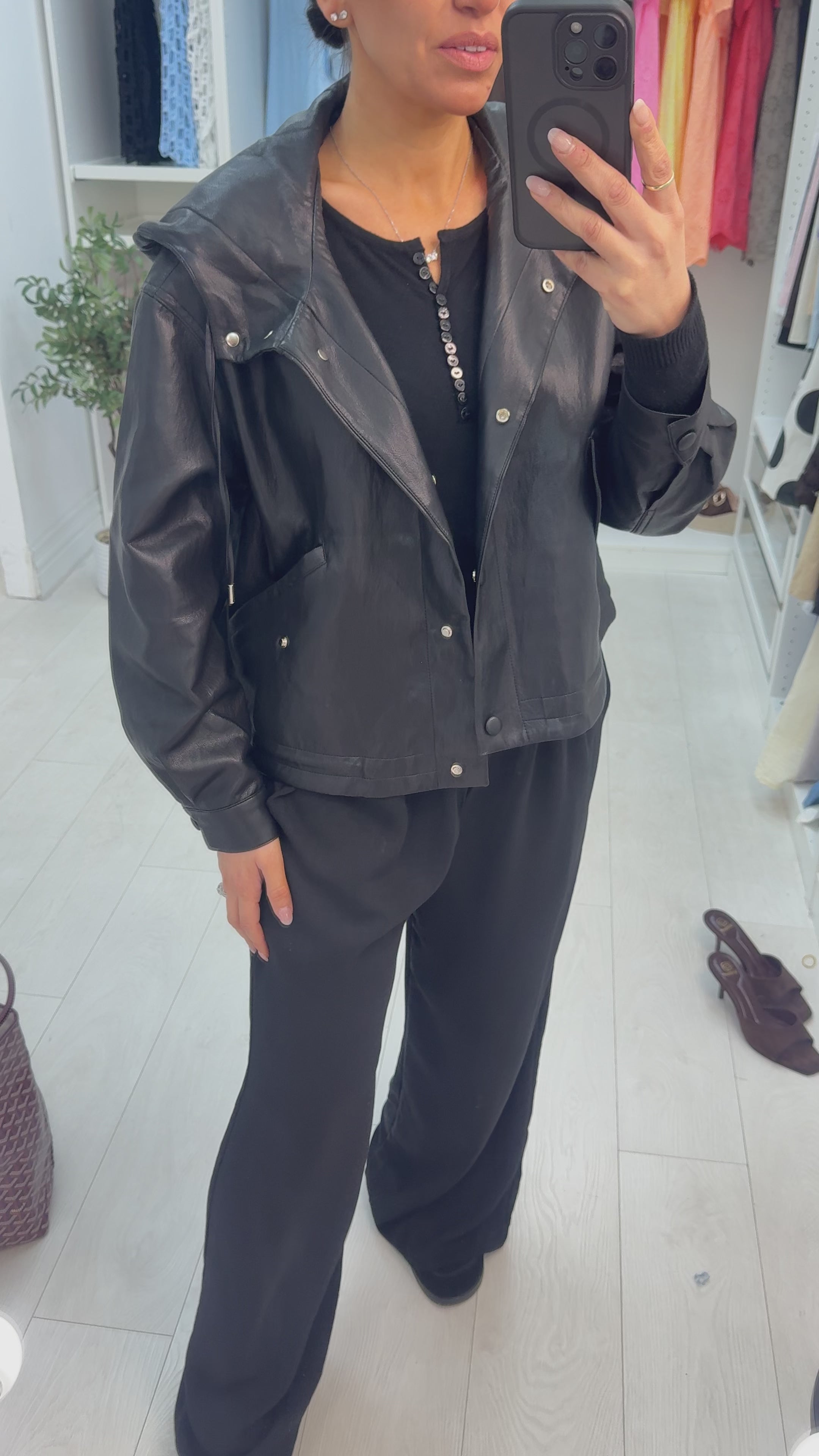 Load video: Lula Faux Leather Hooded Jacket