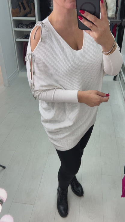 Adria Cold Shoulder Metallic Diamante Bow Jumper