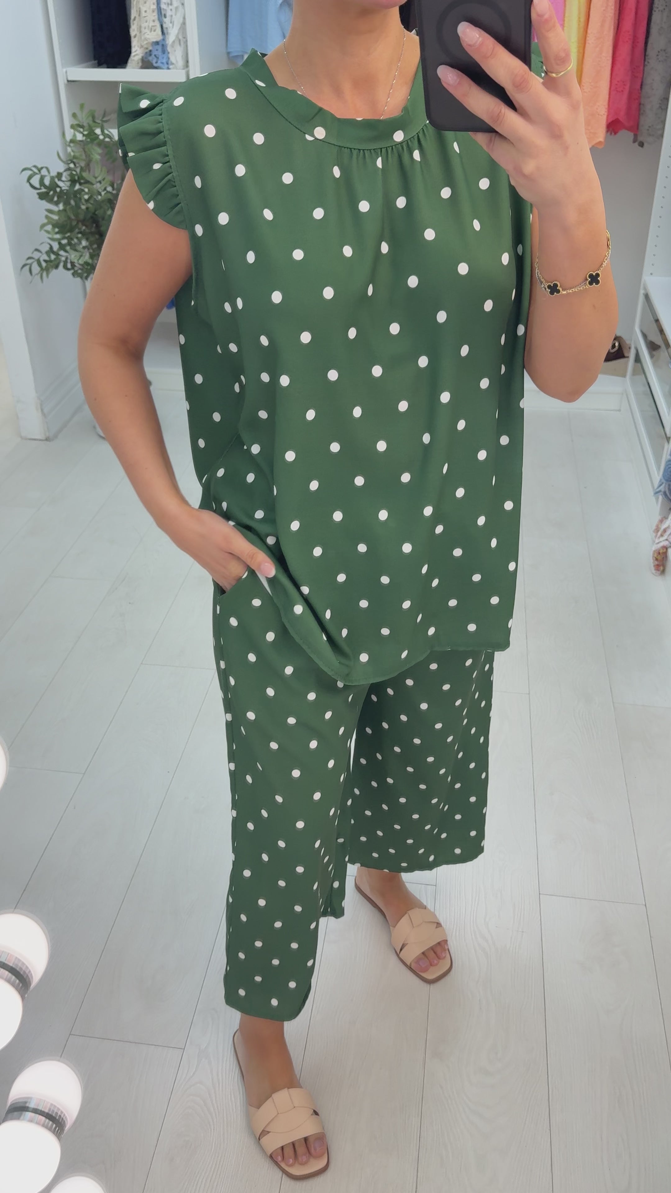 Load video: Taylor Polka Dot Frill Detail Culotte Co-Ord Set