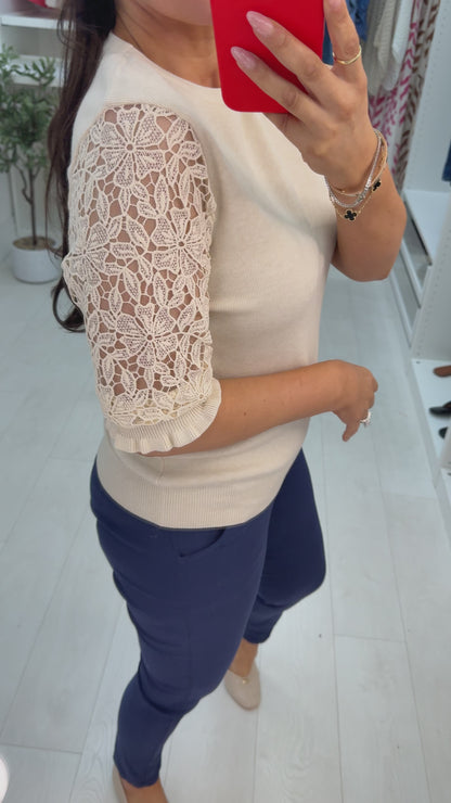 Orchid Plain Crochet Short Sleeve Detailed Jumper