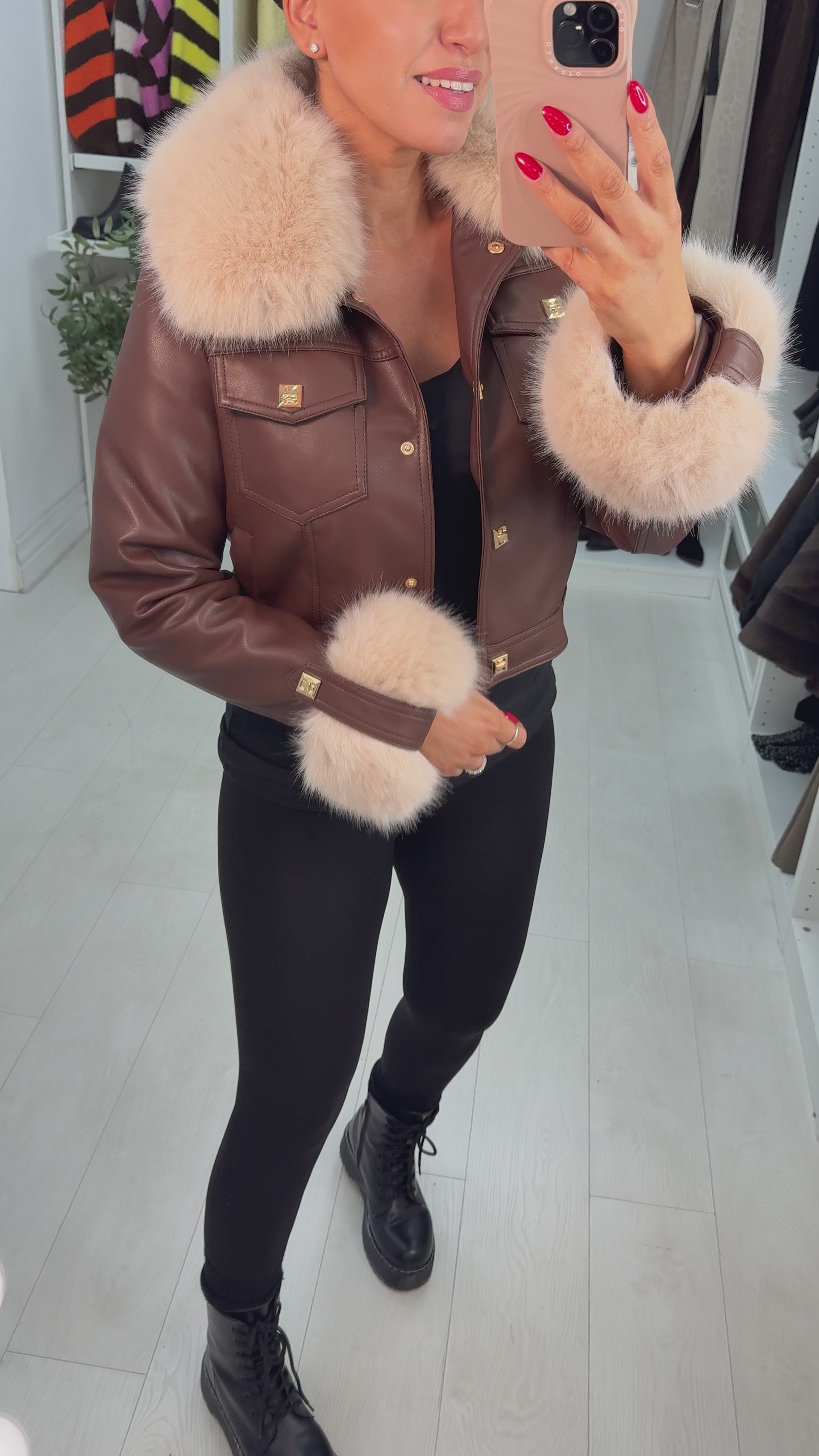 Load video: Ayla Faux Leather &amp; Fur  Detailed Jacket