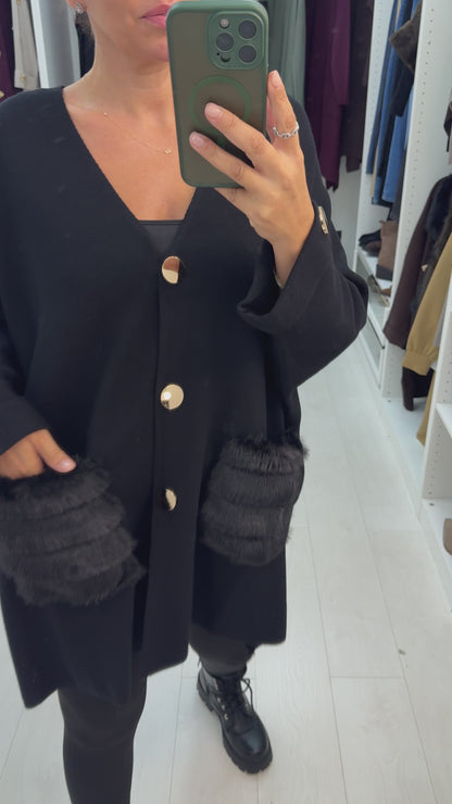 Quintana Faux Fur Pocket Detail Loose Fit Cardigan