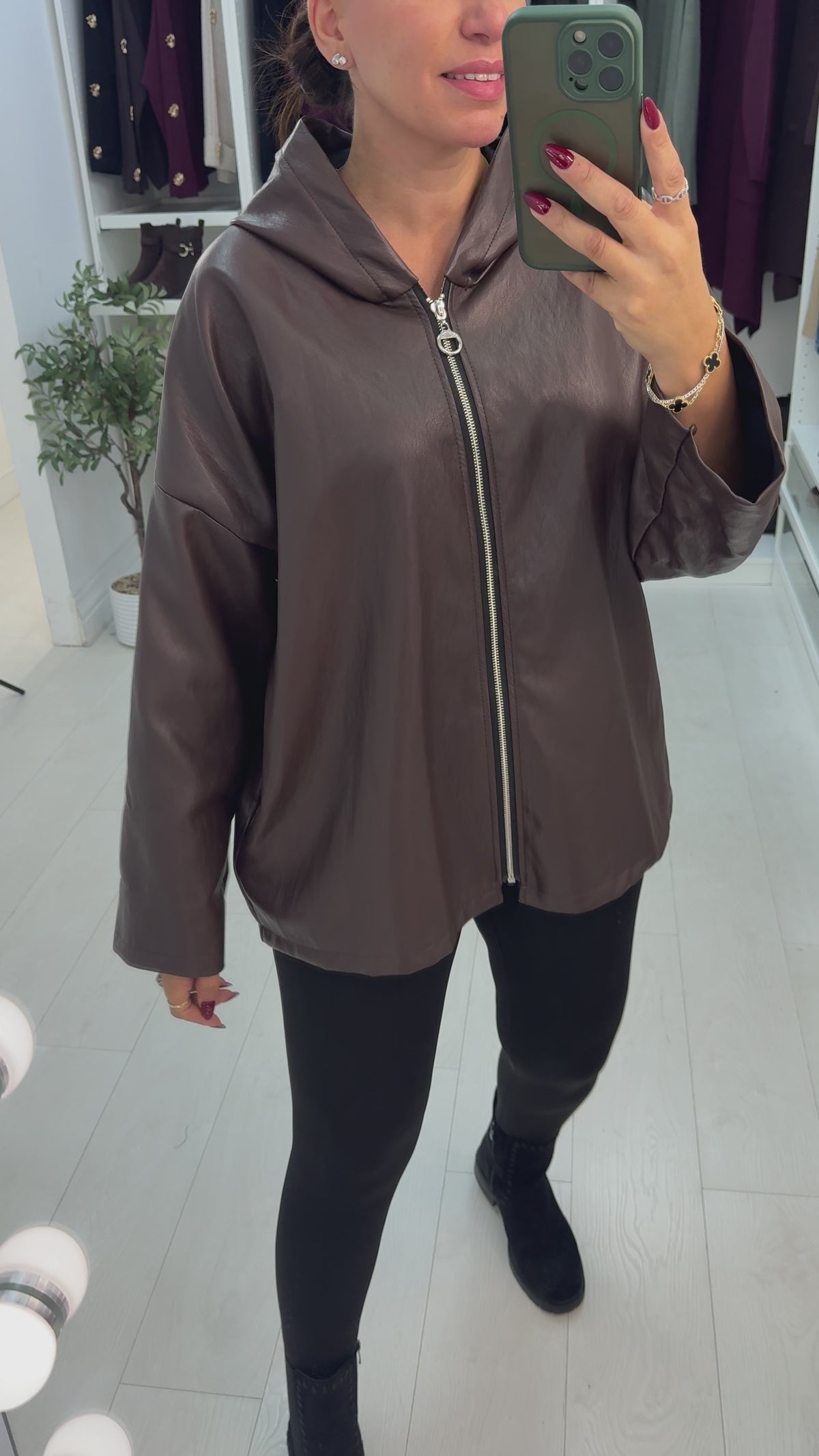 Oslin Faux Leather Hooded Zip Front Jacket