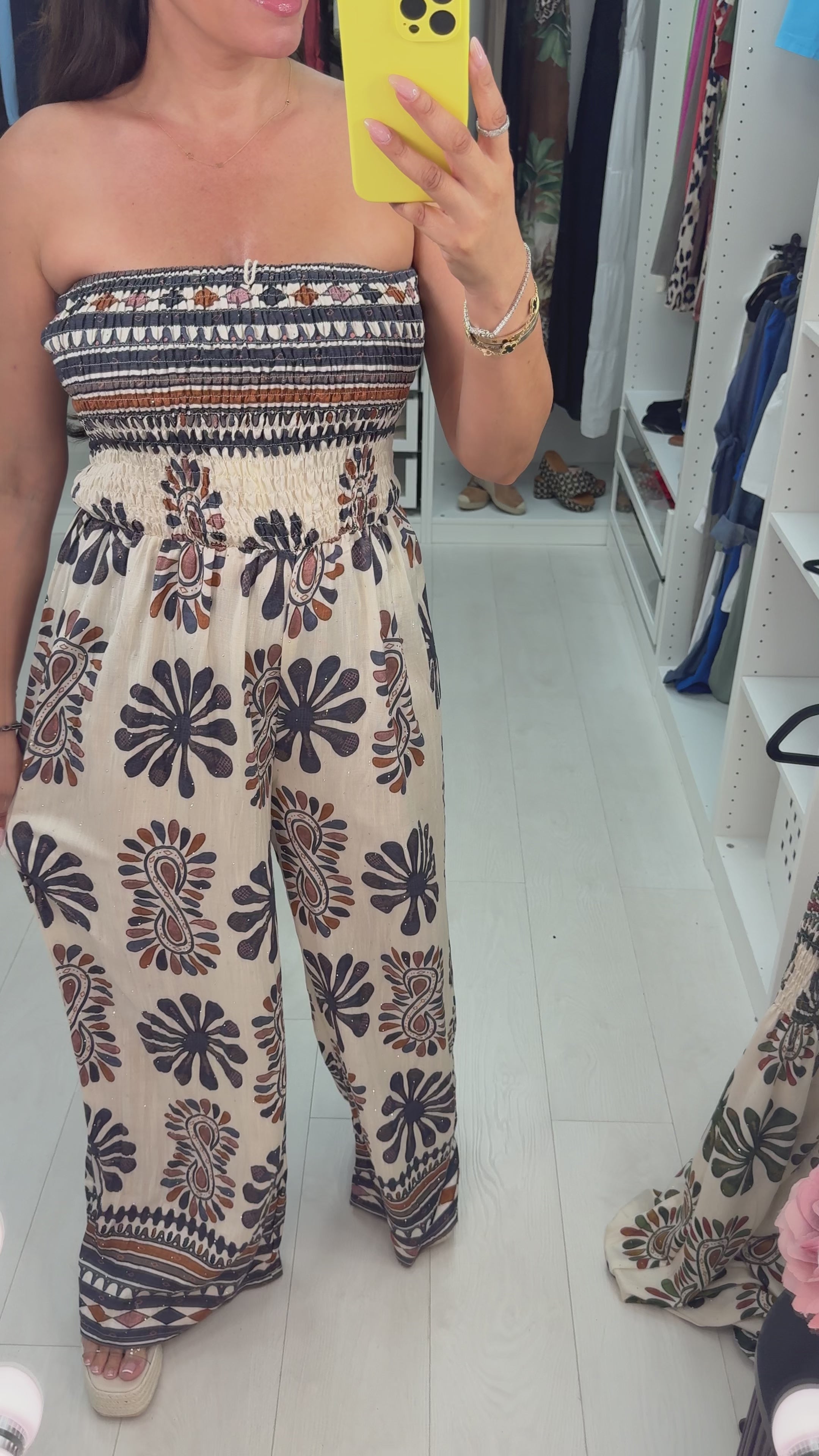 Load video: Nayella Abstract Print Embellished Wide Leg Jumpsuit
