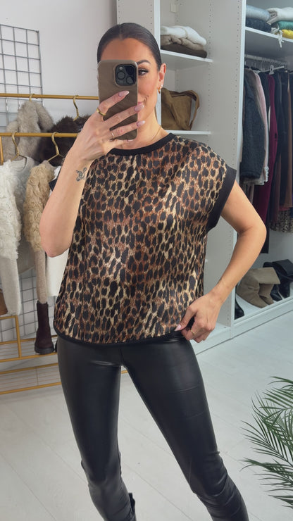 Ranita Leopard Print Round Neck Satin Top