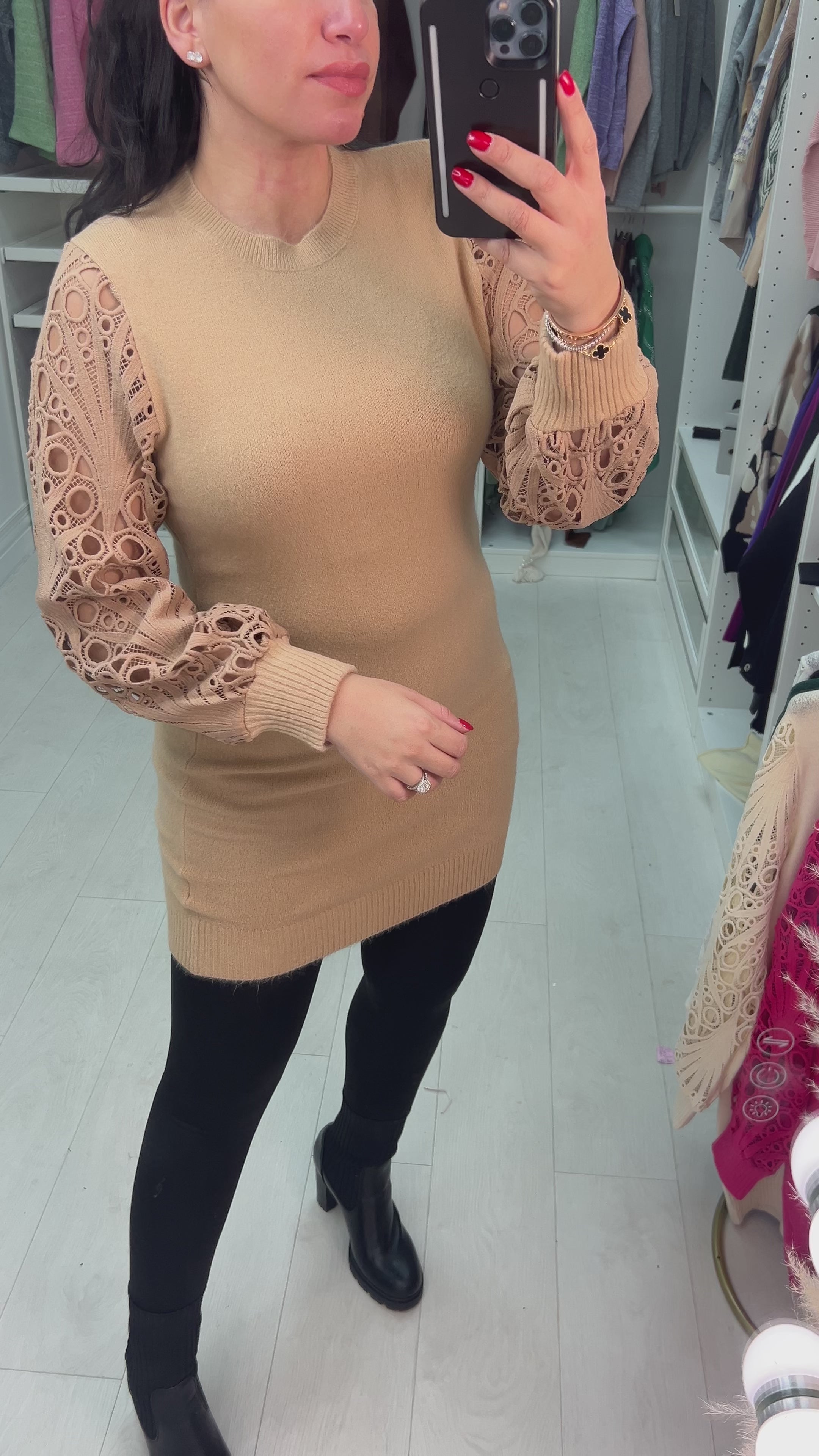 Load video: Almira Crochet Sleeve Knit Tunic