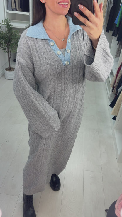 Cecilie Cable Knit V Neck Maxi Jumper Dress