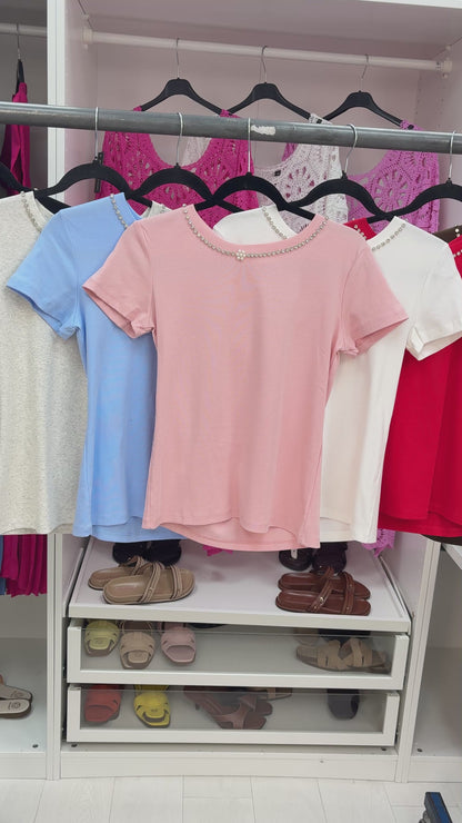 Laurena Plain Embellished Short Sleeve T-Shirt