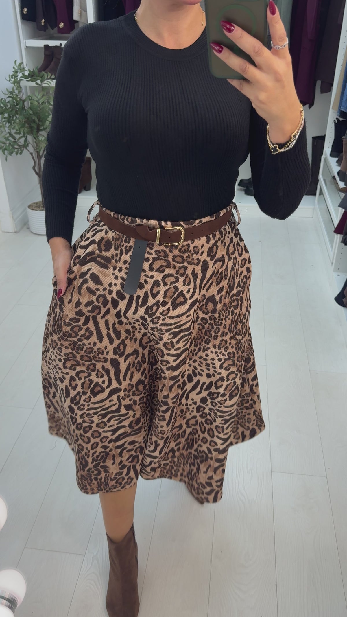 Luciana Leopard Print Belted Corduroy Skirt