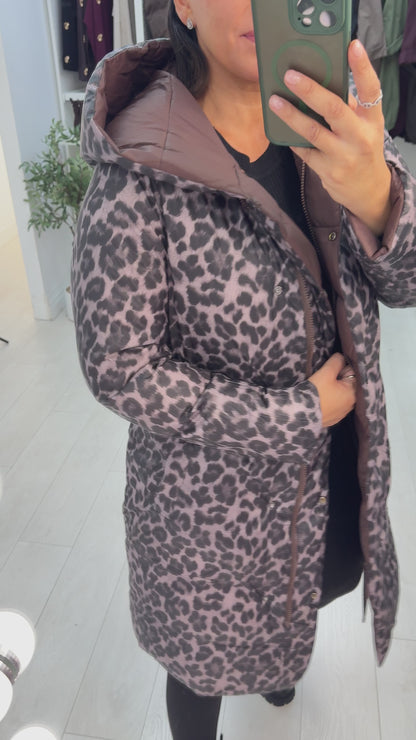 Corinne Reversible Longline Leopard Puffer Coat