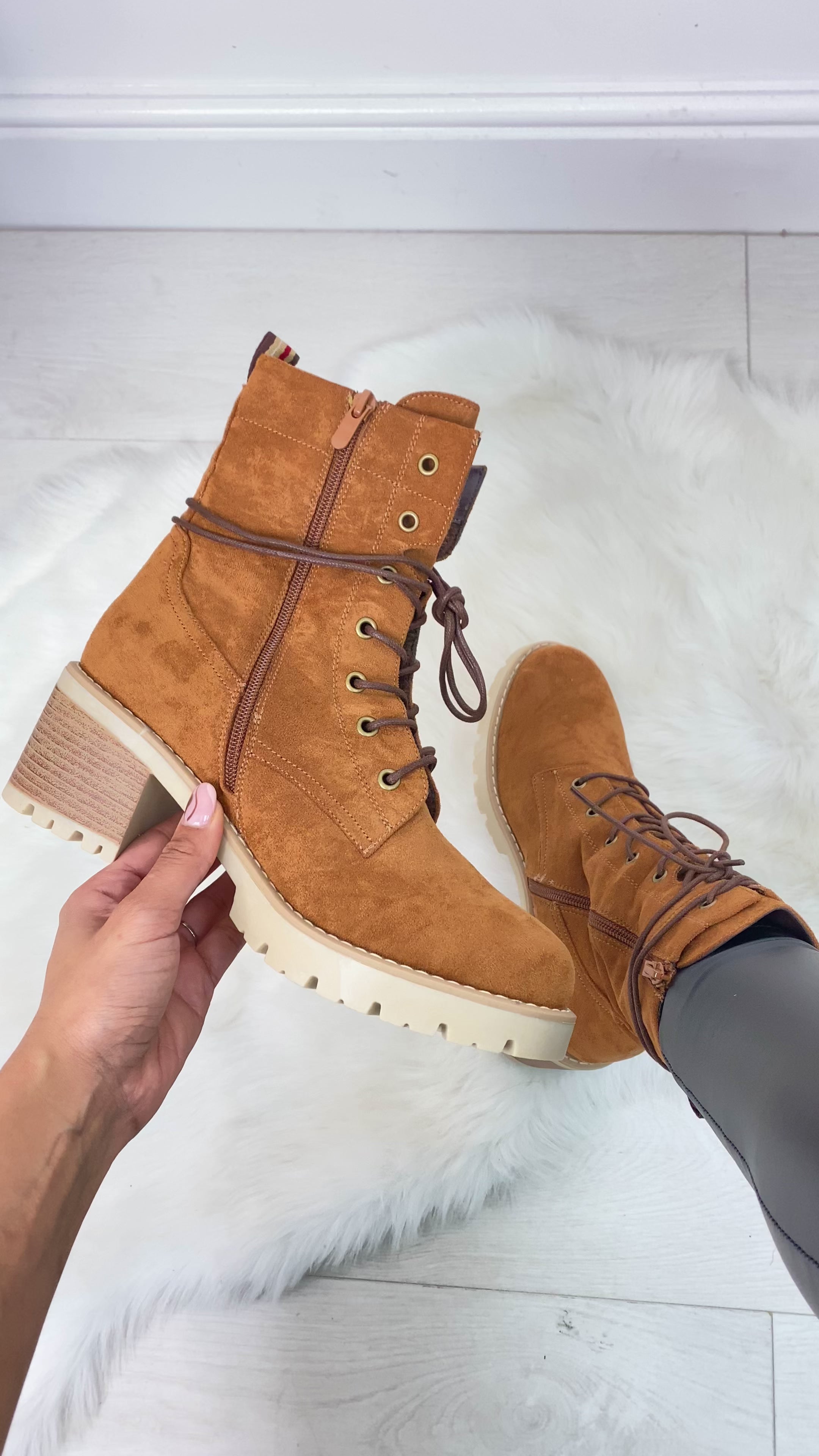 Load video: Frida Faux Suede Lace Up Ankle Boots