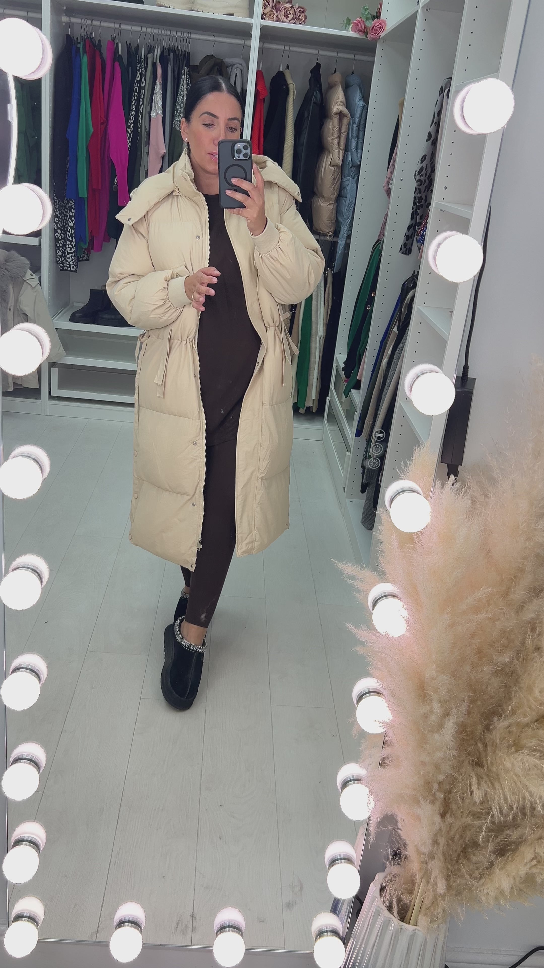 Load video: Renola Beige Padded Pocket Detailed Longline Hooded Coat