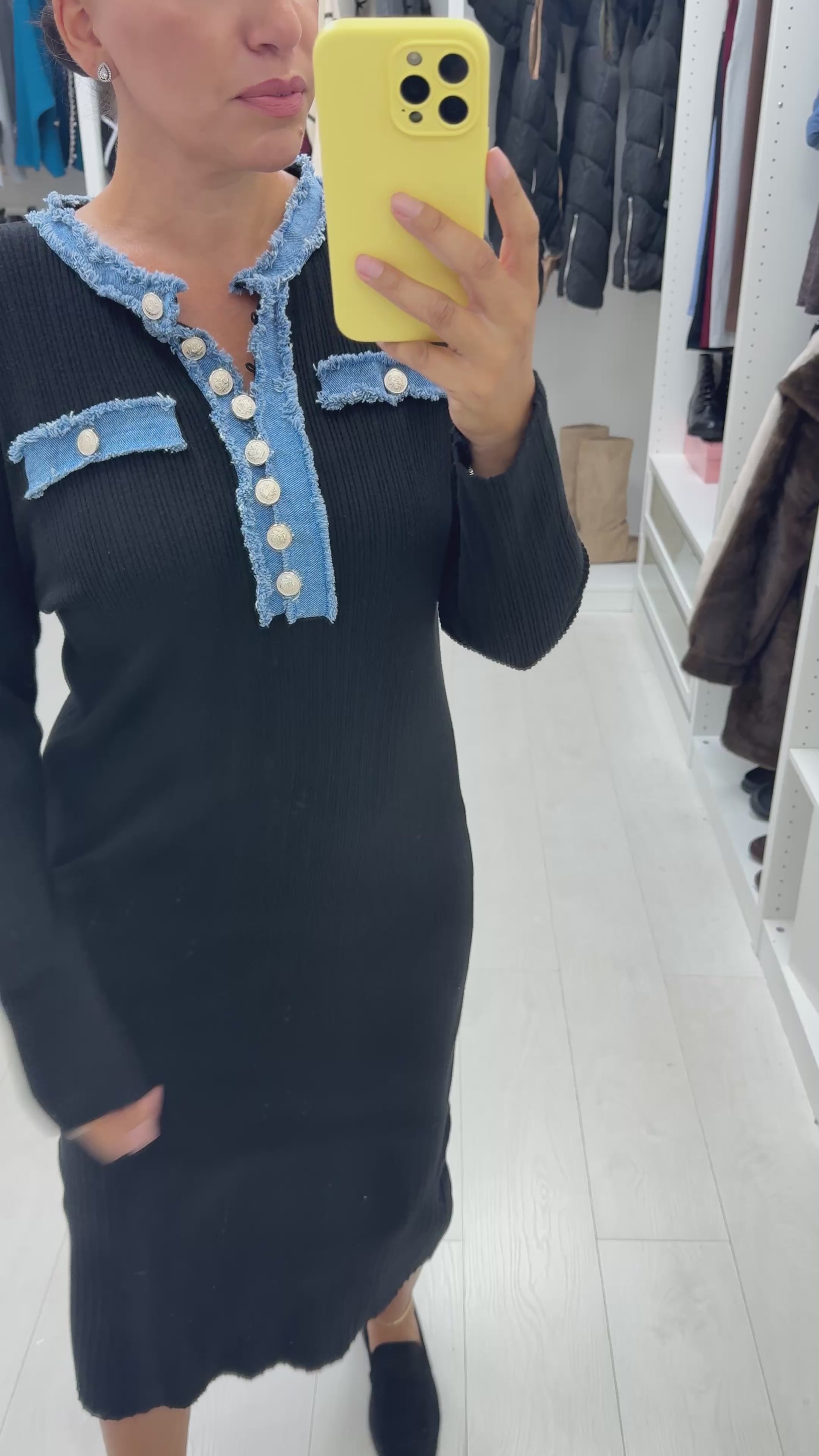 Load video: Aleena Ribbed Denim Detail Midi Dress