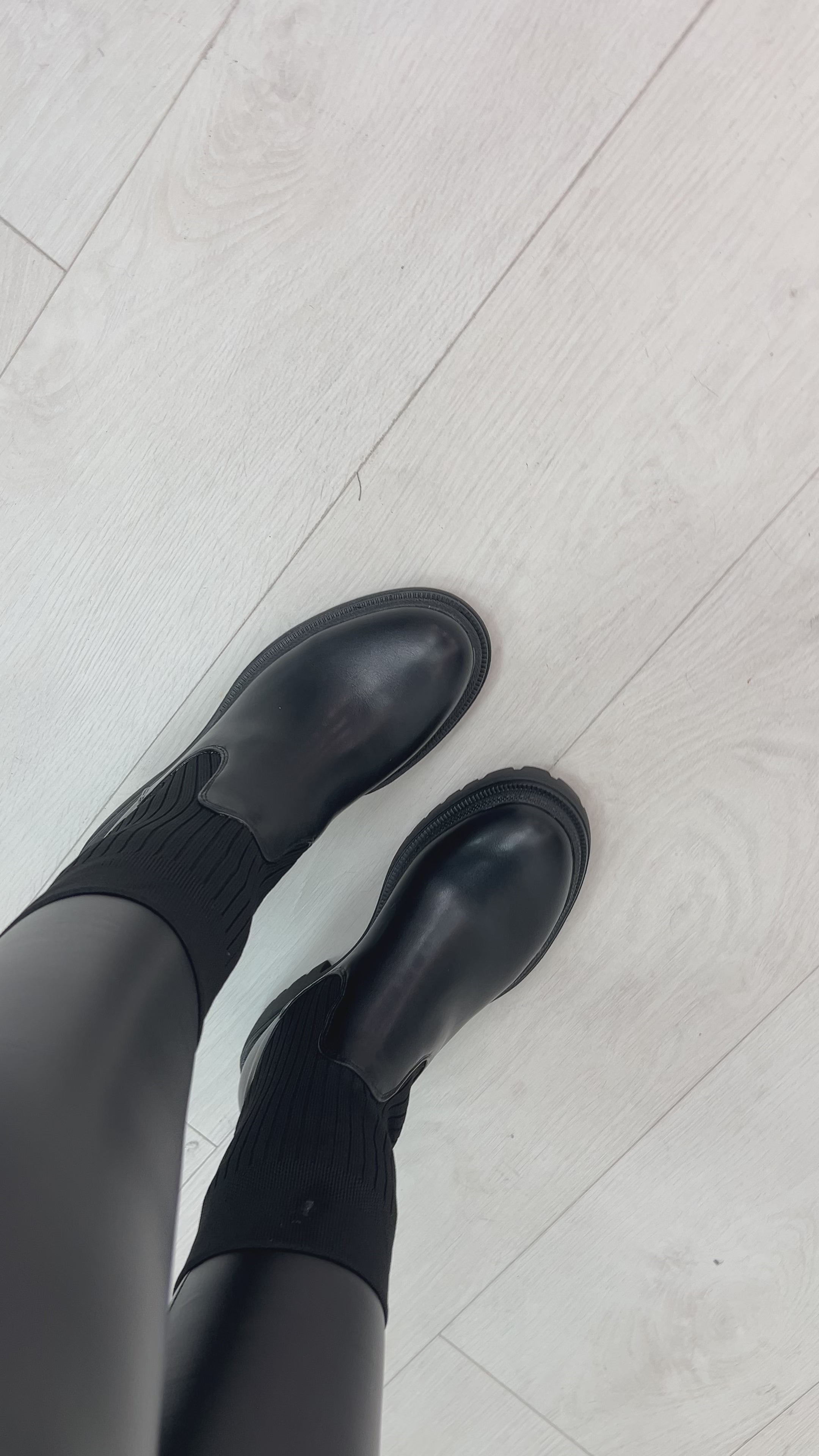 Load video: Martina Black Faux Leather Ribbed Sock Boots