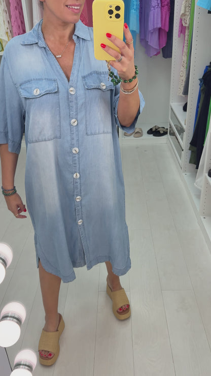 Kayley Denim Button Front Loose Fit Maxi Shirt Dress