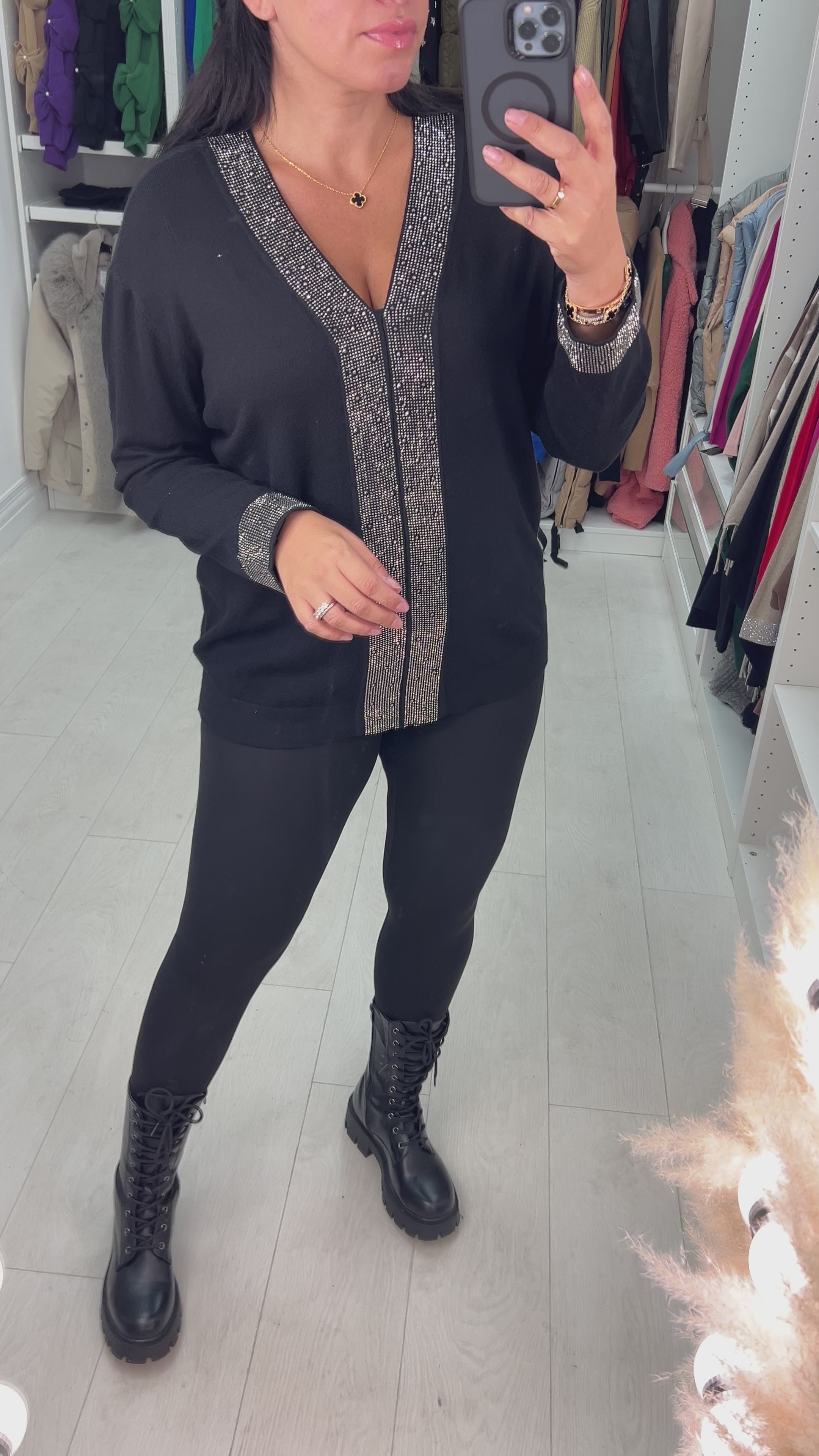 Load video: Zoe Gem Panel Front V Neck Jumper