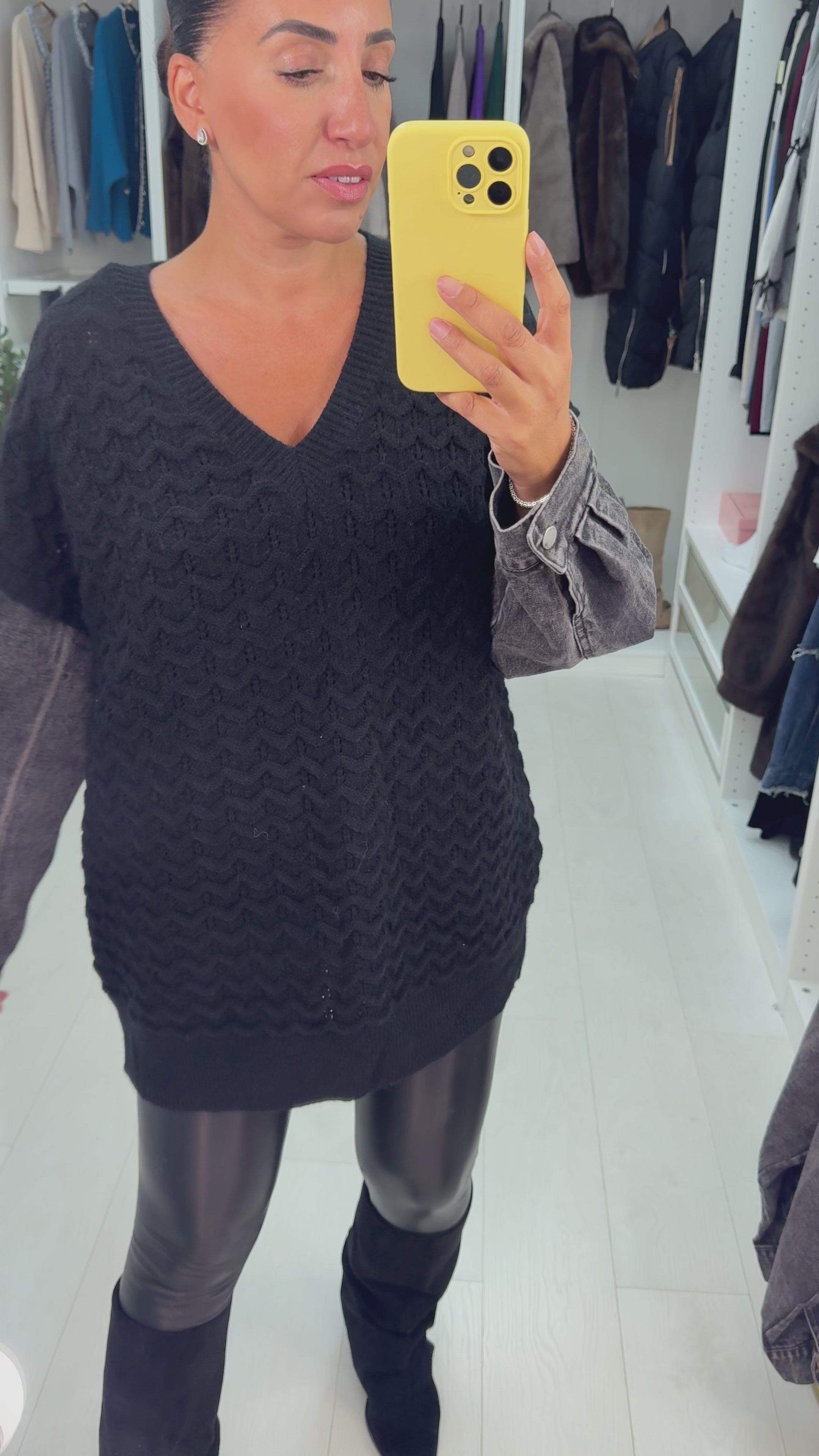 Meko Textured V Neck Denim Sleeve Jumper