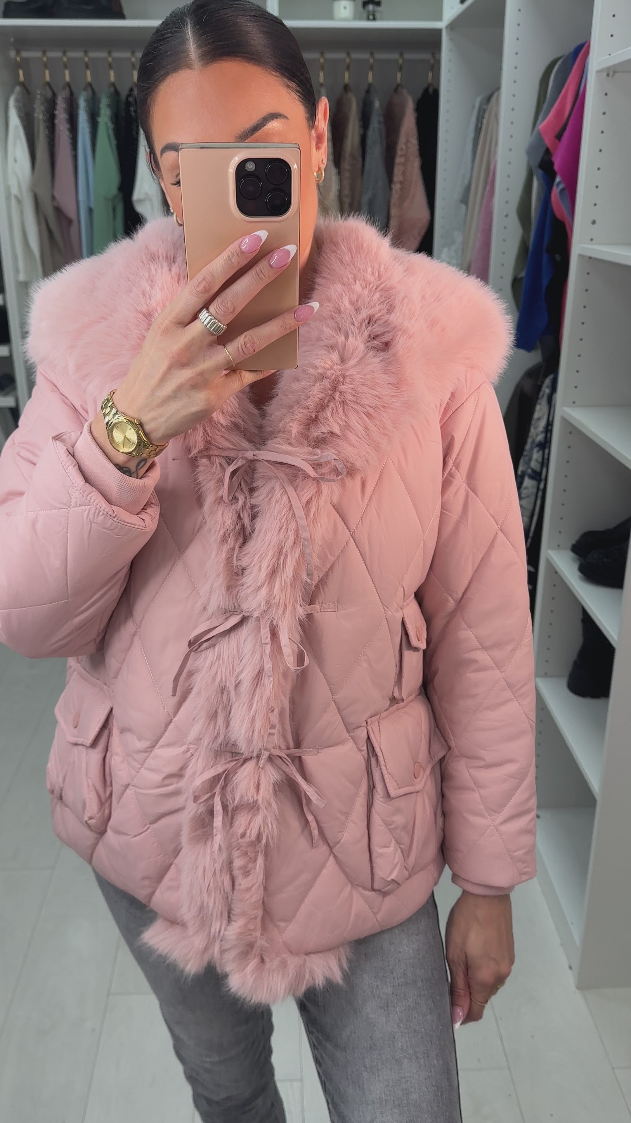 Load video: Olympia Pink Short Quilted Faux Fur Trim Coat