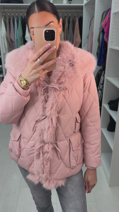 Olympia Pink Short Quilted Faux Fur Trim Coat