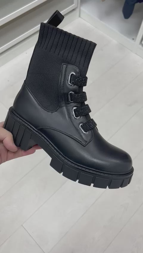 Load video: Phoebe Black Sock Biker Boots