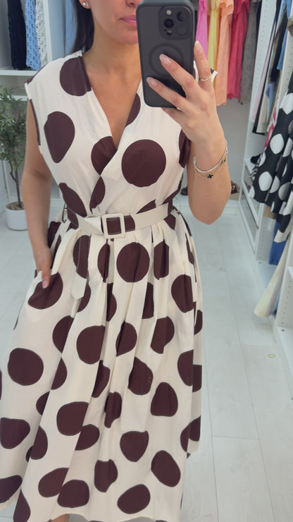 Jarna Polka Dot V Neck Belted Maxi Dress