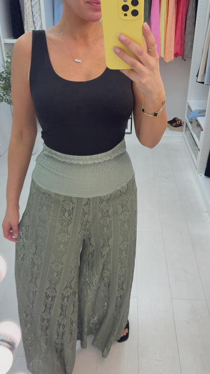 Davina Elasticated Floral Lace Detailed Wide Leg Trousers