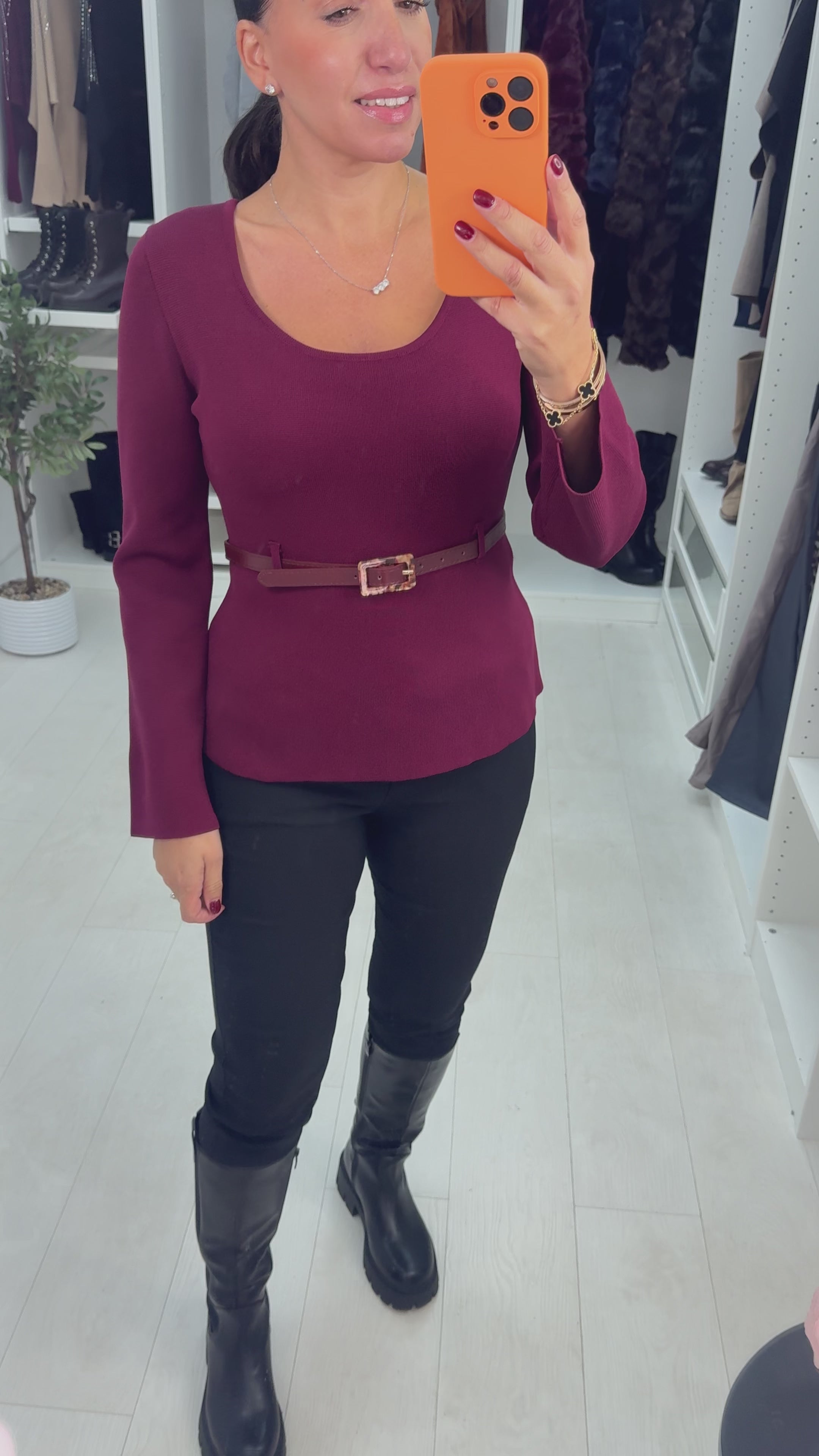 Load video: Elizka Plain Belted Long Sleeve Knitted Top