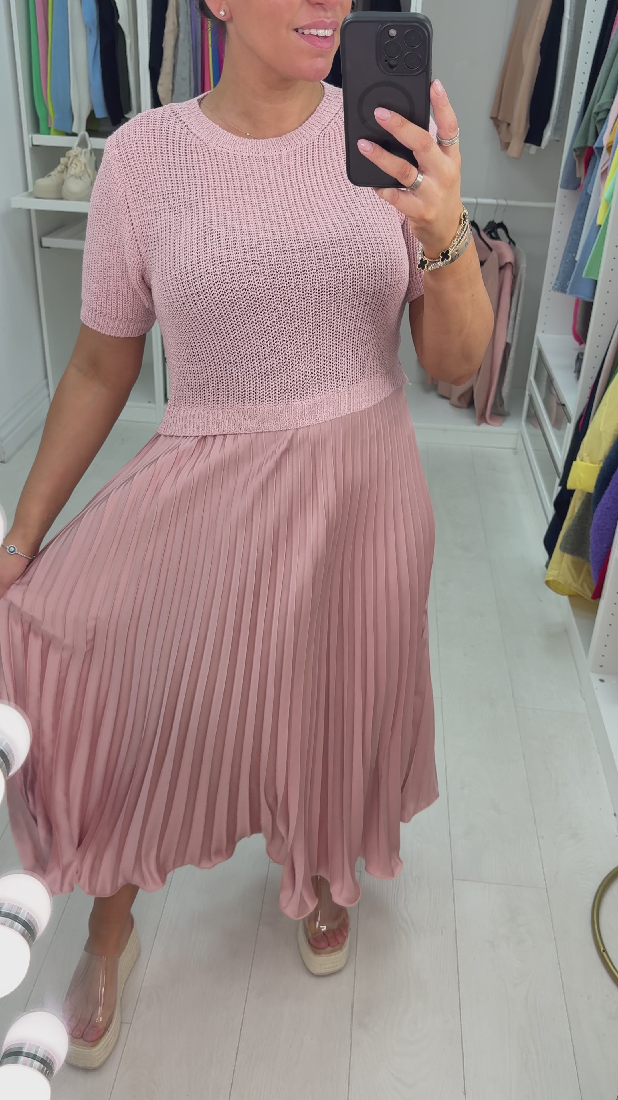 Alaina Plain 2-In-1 Knitted Top Silk Pleated Dress