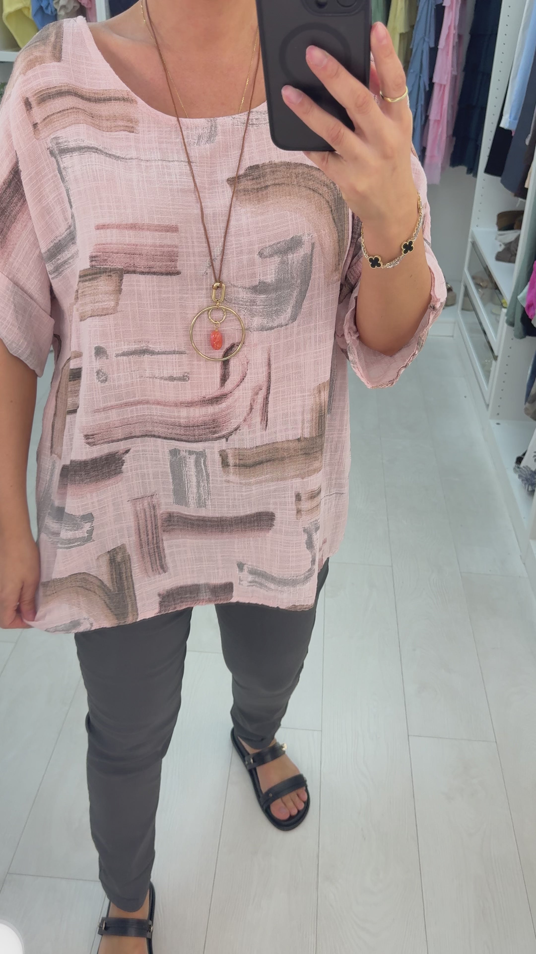 Ivona Abstract Print Necklace Dipped Hem Top