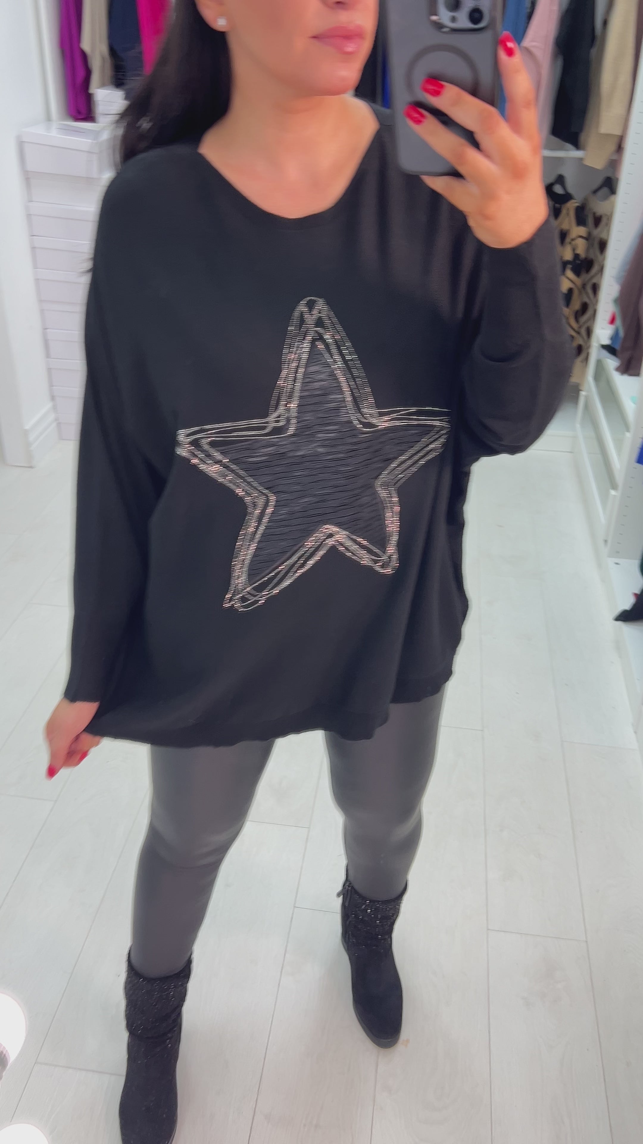 Load video: Merosa Fabric Star Diamante Detail Drop Sleeve Knit Top